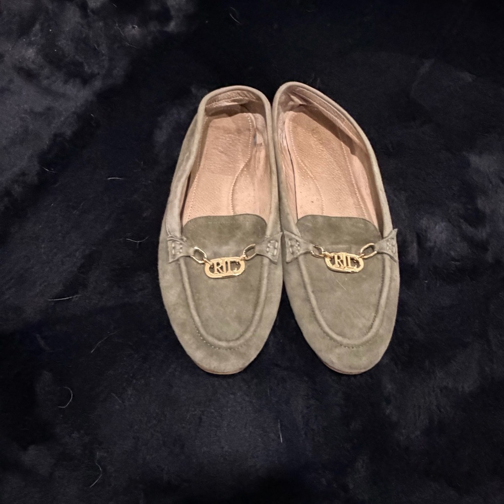 Ralph Lauren Olive Suede Loafers with Gold Detail